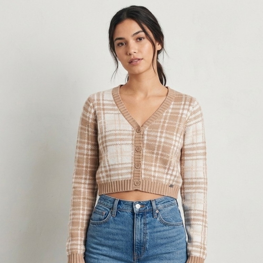 Hollister  Plaid Cardigan Sweater - Brown and Cream Size XS✨